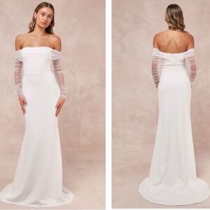 NWT Lulus Beautifully Beloved White Mesh Off-the-Shoulder Maxi Dress Size Large